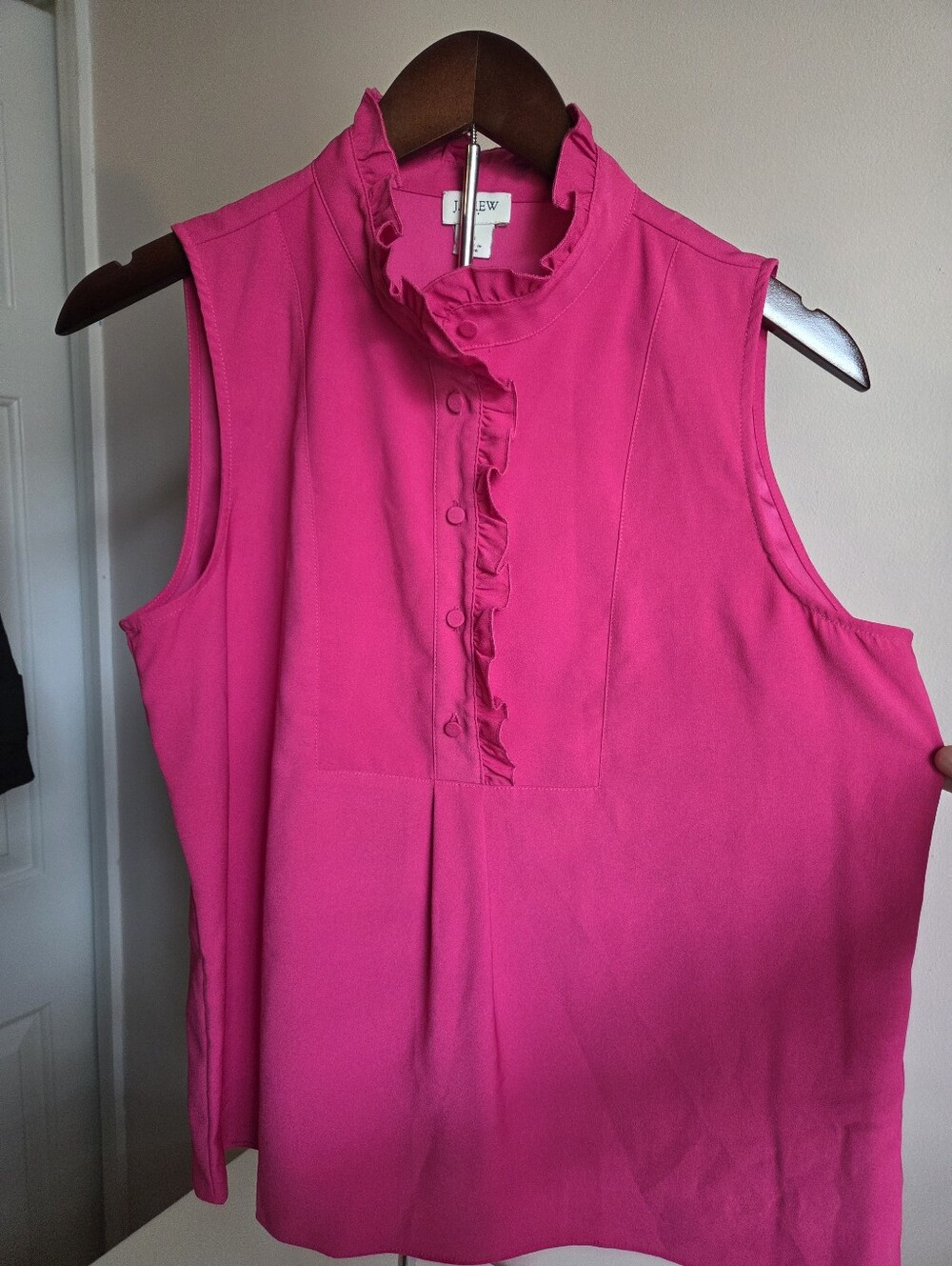 J. Crew Hot Pink Sleeveless Ruffle Mock Neck Blouse